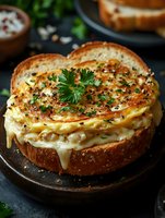 Grilled cheese sandwich with melted mozzarella and herbs on rustic sourdough bread, garnished with fresh parsley and black sesame seeds, served on dark plate.
