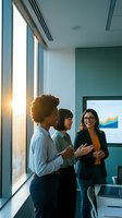 Diverse businesswomen collaborating in modern office meeting room with natural sunlight and presentation screen for corporate teamwork projects.