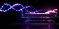 Hospital bed illuminated by glowing DNA helix pattern in purple and blue neon lights against dark background, representing medical genetics and healthcare innovation.