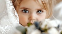 Close up portrait of young girl with bright blue eyes and blonde hair behind white flowers and lace, soft dreamy lighting creates gentle romantic mood.