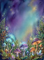 Enchanted forest floor with glowing mushrooms, magical plants, and luminous starry sky in purple, teal, and gold tones. Fantasy woodland scene for creative projects.