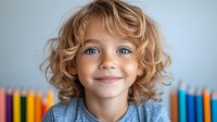 Cheerful young child with bright blue eyes and curly blonde hair wearing blue shirt smiling at camera, with colorful pencils in background for education concept.
