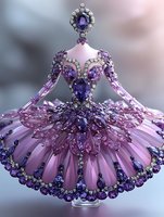 Elegant purple crystal ballet tutu with ornate gemstone bodice and decorative crown on soft gradient background for luxury fashion design.