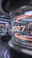 Futuristic control room with glowing neon 2027 sign on cylindrical glass display, motion blur light trails, people working at stations, sleek modern architecture with curved surfaces and ambient lighting.