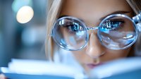 Young woman in stylish round glasses reading with focused expression against blurred blue bokeh background, closeup portrait in modern setting.