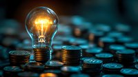 Glowing light bulb surrounded by stacks of coins representing innovative financial ideas, investment strategies, and creative money-making solutions for business growth.