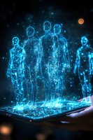Digital hologram figures emerging from smartphone screen with glowing blue wireframe effect and particle elements on dark background with bokeh lights.
