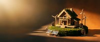 Miniature eco-friendly house model with green roof, solar panels, and wind turbines on warm brown background with copy space.