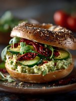 Fresh avocado bagel sandwich with cucumber, sun-dried tomatoes and greens on rustic wooden table for healthy breakfast or lunch meal preparation.