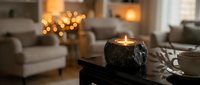 Cozy living room interior with burning candle in decorative holder on coffee table, warm fireplace glow and bokeh lights creating relaxing home atmosphere.