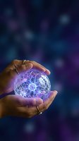 Hand holding glowing purple and blue energy sphere with neural network pattern against dark bokeh background, representing innovation, technology, and future concepts.