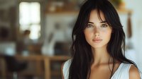 Young woman with long dark hair and natural makeup wearing white top poses in soft window light against blurred interior background.