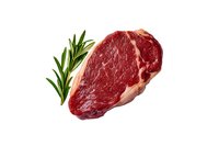 Raw marbled beef steak with fresh rosemary sprig isolated on white background, premium cut of red meat showing rich texture and natural marbling pattern.