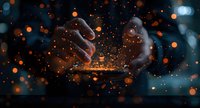 Magical hands creating glowing orange sparkles and light particles over dark background, perfect for fantasy, spiritual or creative concept designs and presentations.