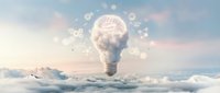 A glowing light bulb filled with swirling clouds and brain imagery emerges from a fluffy cloudscape, symbolizing innovation, creativity, and intellectual breakthrough in business and technology concepts.