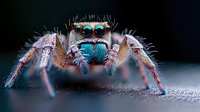 Colorful jumping spider with vibrant blue and orange markings on dark background. Macro photography showcasing detailed fuzzy legs and multiple eyes of arachnid.