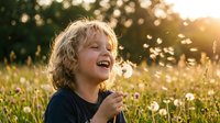 Joyful young child with curly blonde hair laughing in sunny meadow filled with wildflowers and dandelions, expressing happiness and carefree childhood moments outdoors.