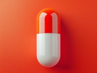 Large pharmaceutical capsule pill in white and red colors on orange background, minimalist medical concept with clean modern design and soft shadows.