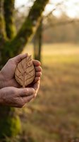 Hands gently holding wooden leaf with carved cross symbol outdoors in warm golden sunlight representing faith, spirituality and connection with nature.