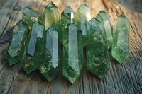 Green fluorite crystal points arranged on rustic wooden surface, displaying natural hexagonal formations and varying translucent shades of seafoam and emerald.
