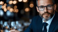 Professional middle-aged Caucasian businessman with beard and glasses in dark suit and tie against blurred bokeh lights background for corporate presentations.