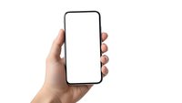 Hand holding modern smartphone with blank white screen mockup isolated on white background for app presentation and mobile interface design.