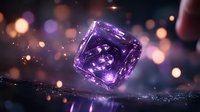 Glowing purple crystal cube floating with magical sparkles and bokeh lights against dark background, creating mystical atmosphere for fantasy designs.