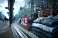 Stack of folded denim jeans in store window display with sale sign, blurred urban street background with bokeh lights and shoppers.