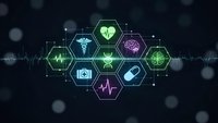 Digital healthcare technology interface with medical icons and heartbeat wave on dark background for telemedicine applications.