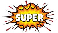Comic book style explosion burst with SUPER text in bold white letters on orange and yellow gradient background with radiating lines.