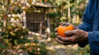 Senior male farmer holding fresh orange in hands at harvest time in garden setting with blurred greenhouse background.
