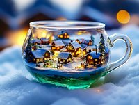Magical winter village scene reflected in glass teacup with glowing windows, snow-covered houses, and full moon in blue twilight background. For holiday designs.