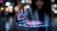 Female hand interacting with glowing holographic circular interface against dark background with bokeh lights, showcasing futuristic technology concept.