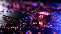 Glowing AI processor chip on circuit board with purple and pink bokeh lights creating futuristic technology atmosphere. Modern computing concept.