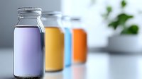 Colorful glass bottles with smoothies or fresh juices lined up in row on white background with soft focus and reflection. Healthy lifestyle concept.