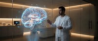 African American male doctor in white coat presenting holographic brain model in modern medical facility for neuroscience research and healthcare education.