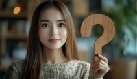 Young Asian woman holding wooden question mark symbol in cozy cafe setting, concept of curiosity, doubt, or seeking answers.