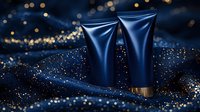 Navy blue cosmetic tubes on dark glittering background with golden bokeh lights and flowing silk fabric. Luxury skincare product photography for beauty brands.