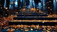 Stone steps covered in fallen autumn leaves illuminated by magical glowing bokeh lights in misty blue forest atmosphere. Enchanting nature photography.
