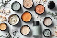 Cosmetic powder makeup products in various colors with cream jar and glass bottle on white background, decorated with green leaves and powder spills.