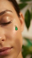 Young woman with closed eyes and green serum drop on cheek for natural skincare and beauty treatment with botanical background.