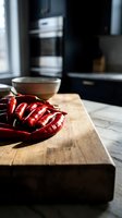 Fresh red chili peppers sliced on wooden cutting board in modern kitchen with natural lighting for culinary cooking and spicy food preparation.