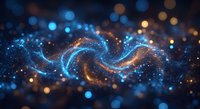 Abstract digital energy waves with glowing particles and bokeh lights creating flowing motion in blue and orange colors for technology backgrounds.