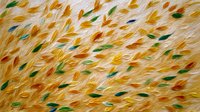Abstract autumn background with yellow, green and orange brush strokes creating dynamic movement pattern. Textured oil painting style with flowing organic shapes and vibrant seasonal colors.