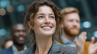Happy young Caucasian businesswoman smiling at corporate event with diverse colleagues in background, professional networking and team building concept.