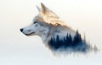 Double exposure profile of white wolf blending with misty mountain forest landscape and sunset sky, artistic nature composition for wall art and design.