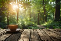 Steaming coffee cup on rustic wooden table outdoors with magical morning sunlight streaming through green forest trees creating peaceful atmosphere.