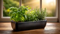 Fresh herbs growing in black container on wooden windowsill with sunlight streaming through window, creating warm atmosphere for home cooking.
