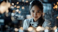 Professional Asian female chef in white uniform smiling warmly in modern kitchen with golden bokeh lights creating magical culinary atmosphere for hospitality industry.