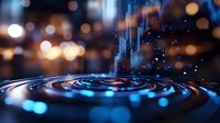 Glowing blue circular ripple pattern with bokeh lights and digital data visualization, representing technology, innovation, and network connectivity for business concepts.